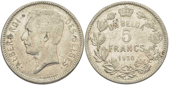 БЕЛЬГИЯ 5 ФРАНКОВ 1930 АЛЬБЕРТ I, DES BELGES KM 97.1 никель 3851-111