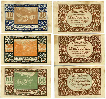 Австрия, Бад-Гаштайн набор из 3 банкнот 10, 30, 60 геллеров 1920 31 декабря 1920, нотгельд, земля Зальцбург   бумага  аUNC  7555-11-4-2