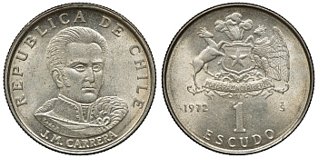 Чили 1 эскудо 1972 Хосе Мигель Каррера KM 197 медно-никель 4118-311