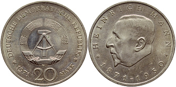 ГДР 20 марок 1971 А, 100 лет со дня рождения Генриха Манна (1871-1950) KM 33, J. 1531 медно-никель aUNC 1523-111