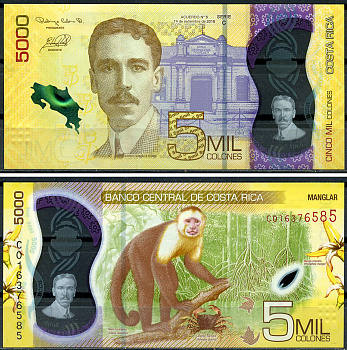 Коста-Рика 5000 колонов 2018 Альфредо Гонсалес Флорес, обезьяна Pick 282 пластик UNC (пресс) 8615-11-2-2