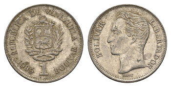 Венесуэла 1 боливар 1989 Симон Боливар, толстый шрифт Y 52a.2 сталь плакированная никелем 4662-856