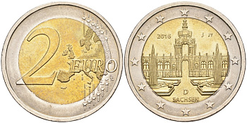 Германия 2 евро 2016 J, серия федеральные земли Германии, Саксония KM 347 биметалл 00-00