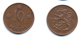 Финляндия 10 пенни 1935 республика (1918-1962) KM 24 медь 51-5511