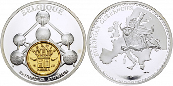 БЕЛЬГИЯ МЕДАЛЬ С МОНЕТОЙ ЕВРОПЕЙСКИЕ ВАЛЮТЫ, АРХИТЕКТУРА PROOF 01-237-55