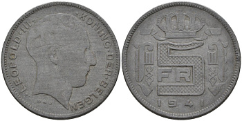 Бельгия 5 франков 1941 Belgen KM 130 цинк 51-2132