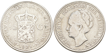Нидерланды 1/2 гульдена 1921 Вильгельмина I (1890-1948) KM 160 серебро XF 106-353