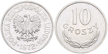 ПОЛЬША 10 ГРОШЕЙ 1972 MW KM AA47, Parchimowicz 206k алюминий XF 4181-1129