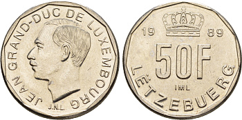 Люксембург 50 франков 1989 Великий герцог Жан (1964-2000) KM 66 никель  UNC  4635-1156