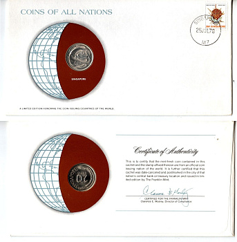 Сингапур 20 центов 1977 конверт с маркой первого дня гашения, Coins of Nations KM 4 медно-никель UNC 4294-37-3