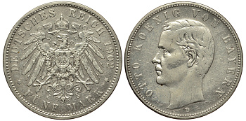 Бавария 5 марок 1902 D, Отто (1886-1913) Weege 47, J. 46, KM 512 серебро 413-4014