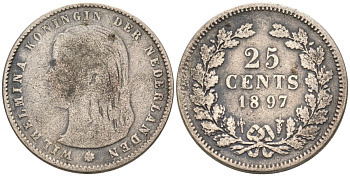Нидерланды 25 центов 1897 Вильгельмина (1890-1948) KM 115 серебро 4576-761