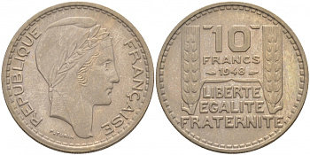 Франция 10 франков 1948 тип Пьер Турин KM 909.1, Le Franc 362.3 медно-никель 186-352