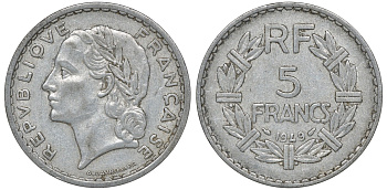 Франция 5 франков 1949 KM 888b.1, Le Franc 339.17 алюминий 4162-232