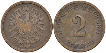 ГЕРМАНИЯ 2 ПФЕННИГА 1874 F, СТАРОГЕРБОВКА KM 2, J.2 медь 110-231