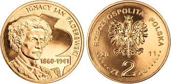 Польша 2 злотых 2011 MW, 70 лет со дня смерти Игнация Яна Падеревского (1860-1941) KM 789 нордик UNC 4676-827