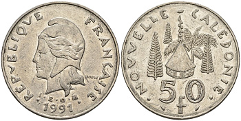 Французская Новая Каледония 50 франков 1991 хижина среди сосен и пальм, (IEOM) KM 13, Schoen 15, Lec 121 никель 4123-126