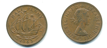 Великобритания 1/2 пенни 1963 Елизавета II (1952-2022) KM 896, Spink 4158 бронза 4383-327