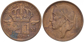 БЕЛЬГИЯ 20 САНТИМОВ 1959 BELGIQUE KM 146 бронза 4532-114