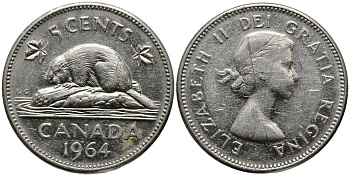 КАНАДА 5 ЦЕНТОВ 1964 БОБЁР, ЕЛИЗАВЕТА II (1952-) KM 57 никель 3336-235