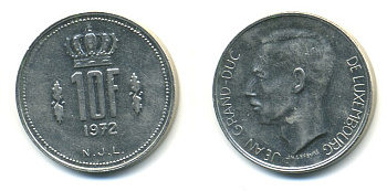ЛЮКСЕМБУРГ 10 ФРАНКОВ 1972 KM 57 никель 4379-642