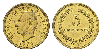 Сальвадор 3 сентаво 1974 год-тип KM 148 никель латунь UNC 4668-542