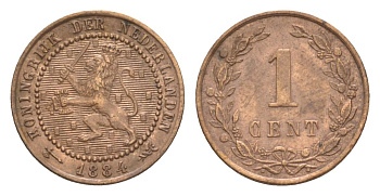 Нидерланды 1 цент 1884 Виллем III (1849-1890) KM 107 бронза 71-956