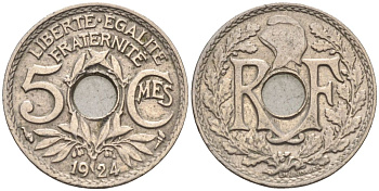 Франция 5 сантимов 1924 тип Lindauer KM 875, Le Franc 122.8 медно-никель 4115-525