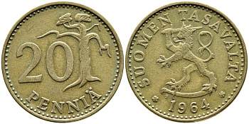 ФИНЛЯНДИЯ 20 ПЕННИ 1964 S KM 47 алюминиевая бронза 4364-4436