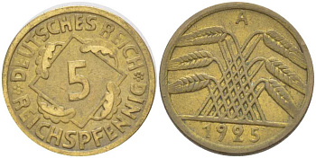 Германия 5 рейхспфеннигов 1925 A KM 39, J. 316, Weege 7 алюминиевая бронза 206-811