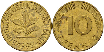 ФРГ 10 пфеннигов 1992 D J. 383, KM 108 сталь плакированная латунью    4603-641