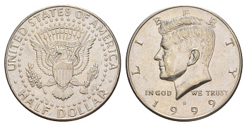 США 1/2 доллара (50 центов) 1999 D, Джон Кеннеди KM A202b медь плакированная медно-никелем aUNC 4512-1216