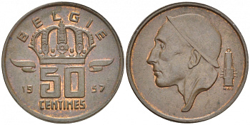 Бельгия 50 сантимов 1957 Belgie, Бодуэн I (1951-1993) KM 149.1 бронза 3996-1242