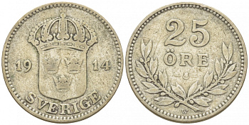 Швеция 25 эре 1914 W, Густав V (1907-1950) KM 785 серебро 3309-855