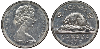 Канада 5 центов 1977 Елизавета II (1952-2022), бобр KM 60.1 никель 4128-552
