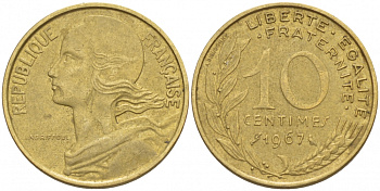 ФРАНЦИЯ 10 САНТИМОВ 1967 ТИП MARIANNE KM 929 медь алюминий никель 4547-1122