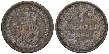 Бавария 1 крейцер 1866 Людвиг II (1864-1886) KM 487 серебро 71-1028