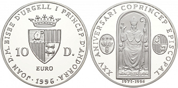 Андорра 10 динеров 1996 25 лет соправления  Жоана Марти-и-Аланиса, ECU KM 125 серебро PROOF 02-037-15