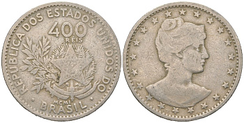 Бразилия 400 реалов 1901 MCMI, голова свободы вправо KM 505 медно-никель 4612-457