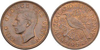 Новая Зеландия 1 пенни 1952 Георг VI (1936-1952), новозеландский туи KM 21 бронза 4368-223