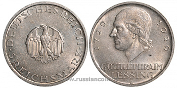 Германия 5 марок 1929 D, 200 лет со дня рождения Лессинга J. 336, КМ 61 серебро aUNC 00-804-73