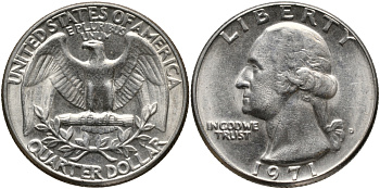 США 25 центов (квотер) 1971 D, Вашингтон KM 164a медь плакированная медно-никелем 4390-1126