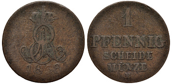 Ганновер 1 пфенниг 1838 B, Эрнст Август (1837-1851) KM 176, AKS 127, J. 53 медь 75-466