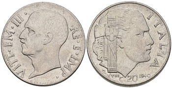 ИТАЛИЯ 20 ЧЕНТЕЗИМО 1940 R, ГОД XVIII, ВИКТОР ЭММАНУИЛ III (1900-1946), МАГНИТНАЯ, ГУРТ РИФЛЁНЫЙ KM 75b, VEM3. 1025 нержавеющая сталь 3853-526