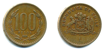ЧИЛИ 100 ПЕСО 1995 ГЕНЕРАЛ БЕРНАРДО О ХИГГИНС KM 226.2 алюминевая бронза 35-1126