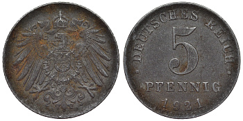 Германия 5 пфеннигов 1921 A KM 19, J. 297, Weege 5 железо 4118-1142