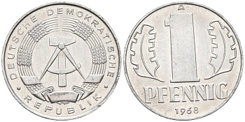 ГДР 1 пфенниг 1968 А KM 8.1 алюминий UNC 4585-833