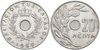 Греция 20 лепта 1966 Константин II (1964-1974), оливковая ветвь KM 79 алюминий 4610-1041