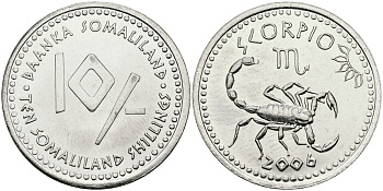 Сомалиленд 10 шиллингов 2006 СЕРИЯ ЗНАКИ ЗОДИАКА, СКОРПИОН KM NEW никелированная сталь UNC 540-834
