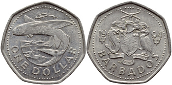 БАРБАДОС 1 ДОЛЛАР 1994 ЛЕТУЧАЯ РЫБА KM 14.2 медно-никель 4398-255